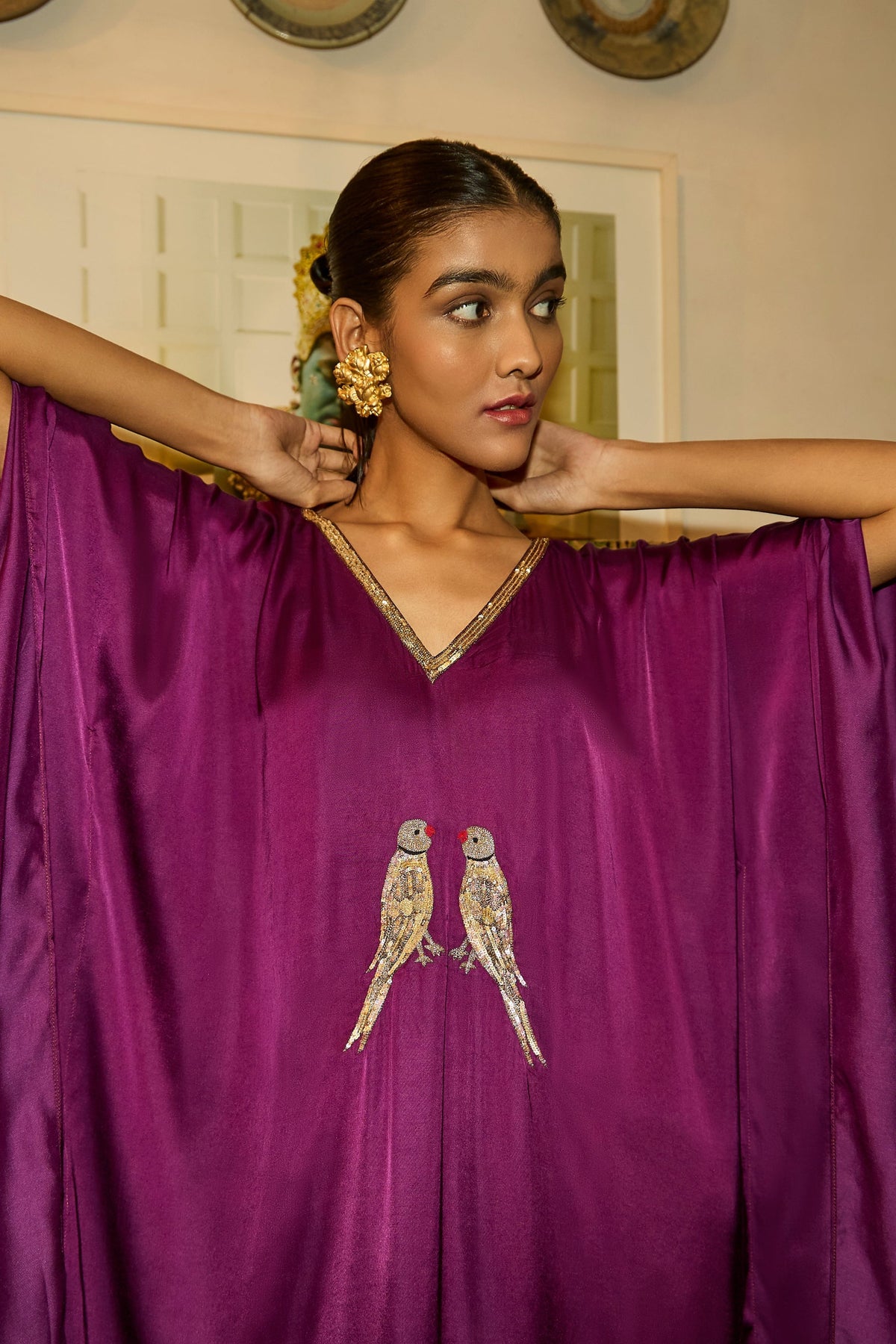 Purple Kaftan With Parrot Motif