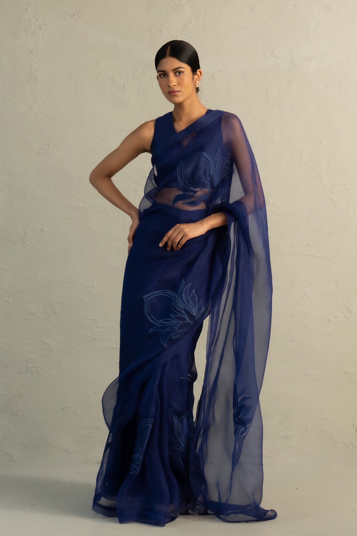 Blue Organza Applique Saree Set