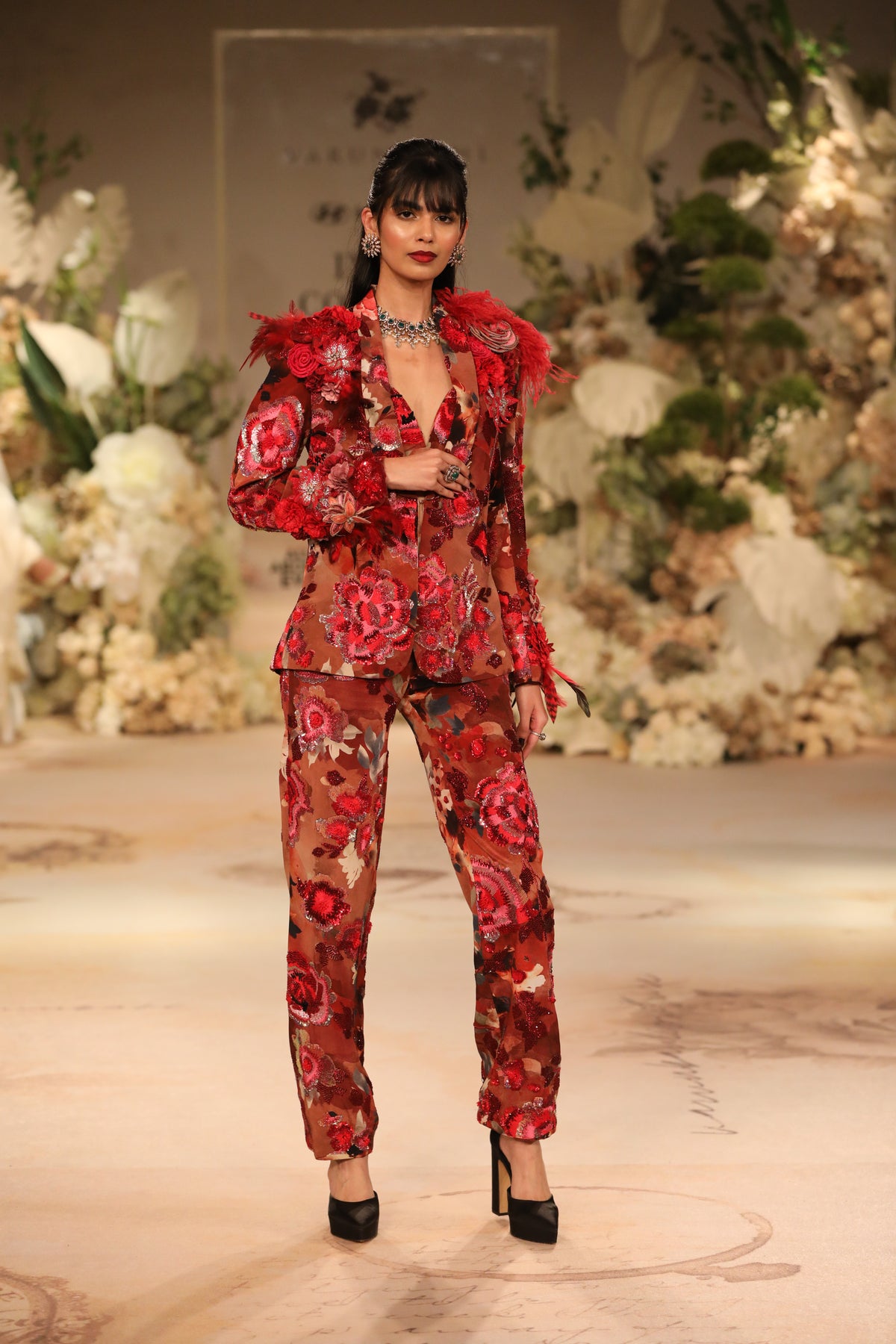 Red Printed Power Shoulder Jacket Set