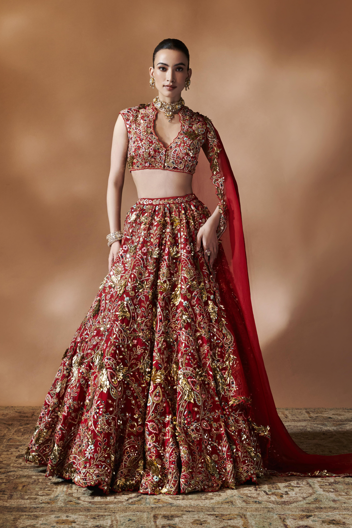 Red Heavily Embroidered Lehenga Set