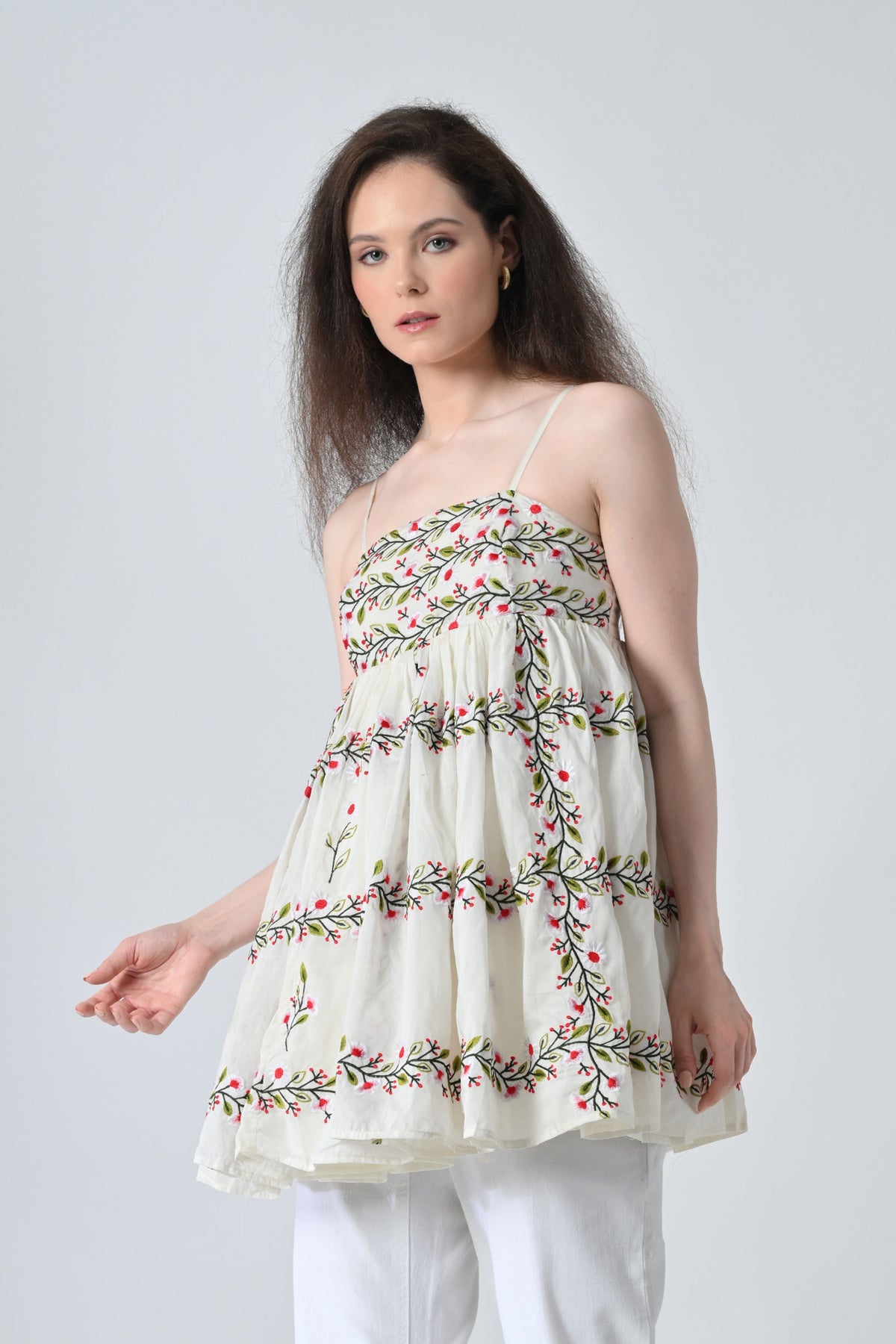Ivory Vine Embroidered Tiered Top