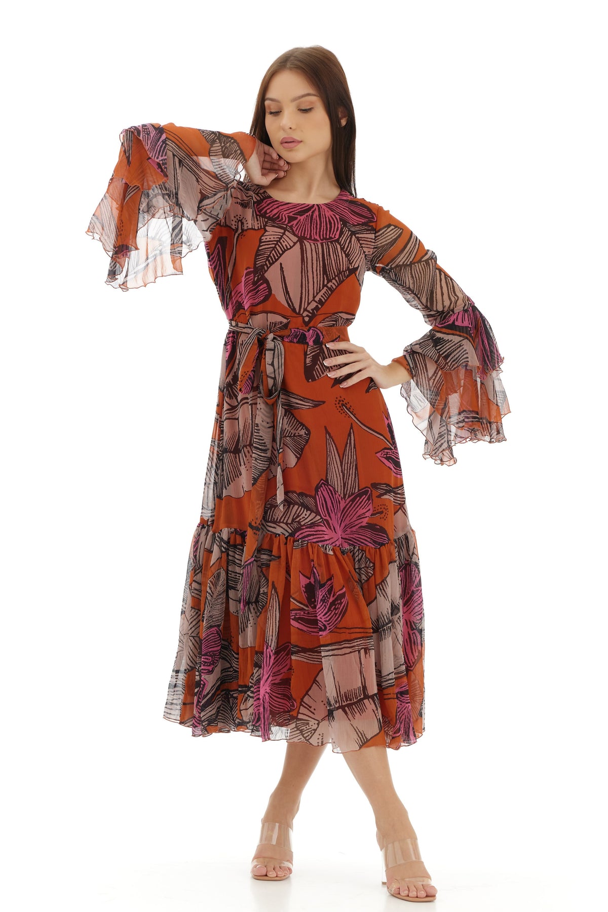 Orange and Beige Midi Dress