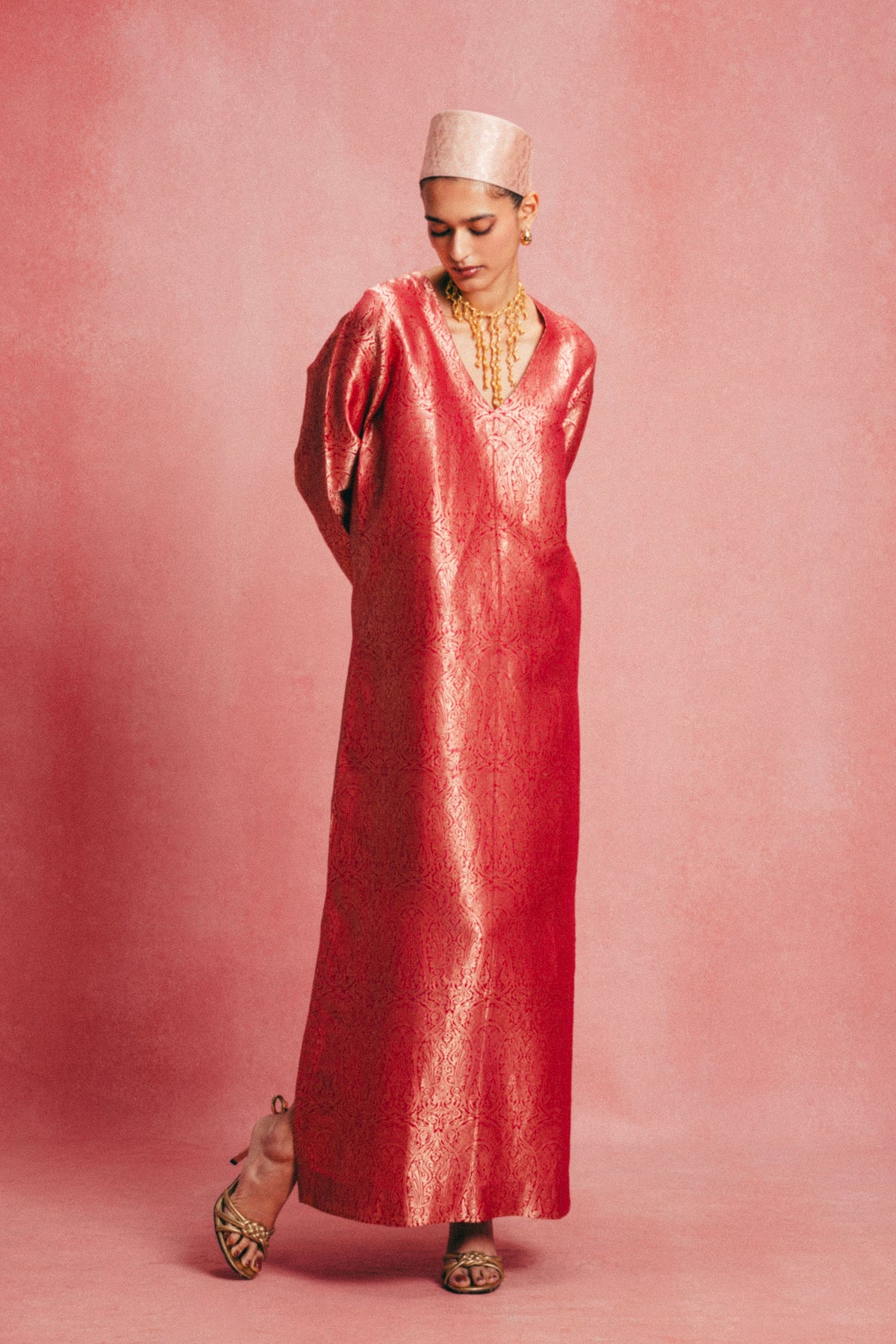 Handwoven Salmon Pink Banarasi Kaftan