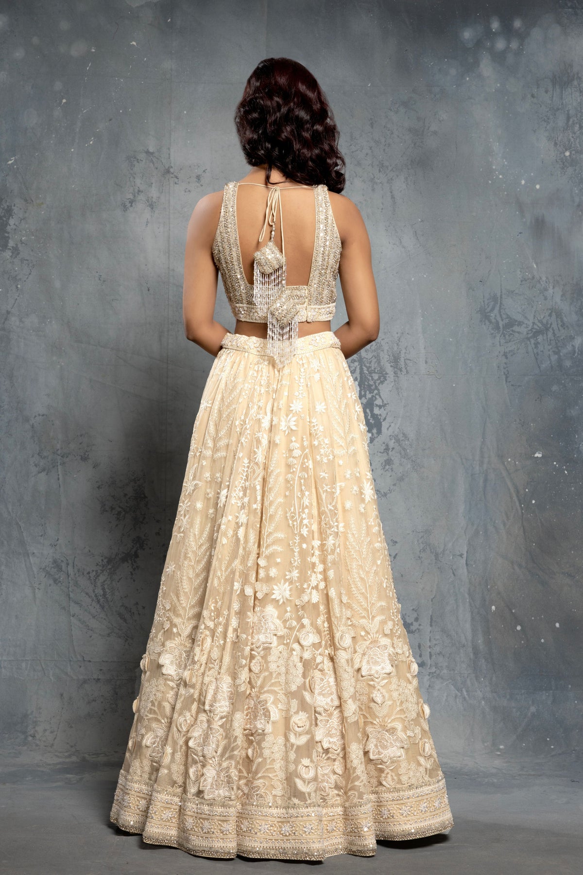 Ecru Tropical Motif Lehenga Set