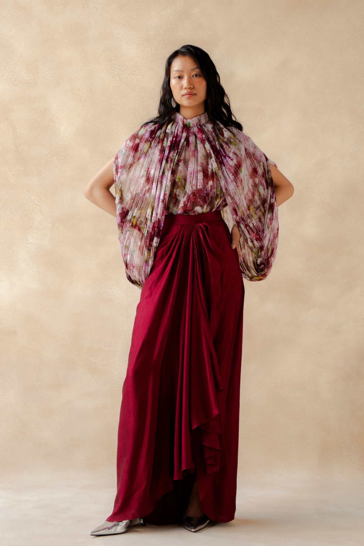 Pleated Hi Low Top Drape Skirt