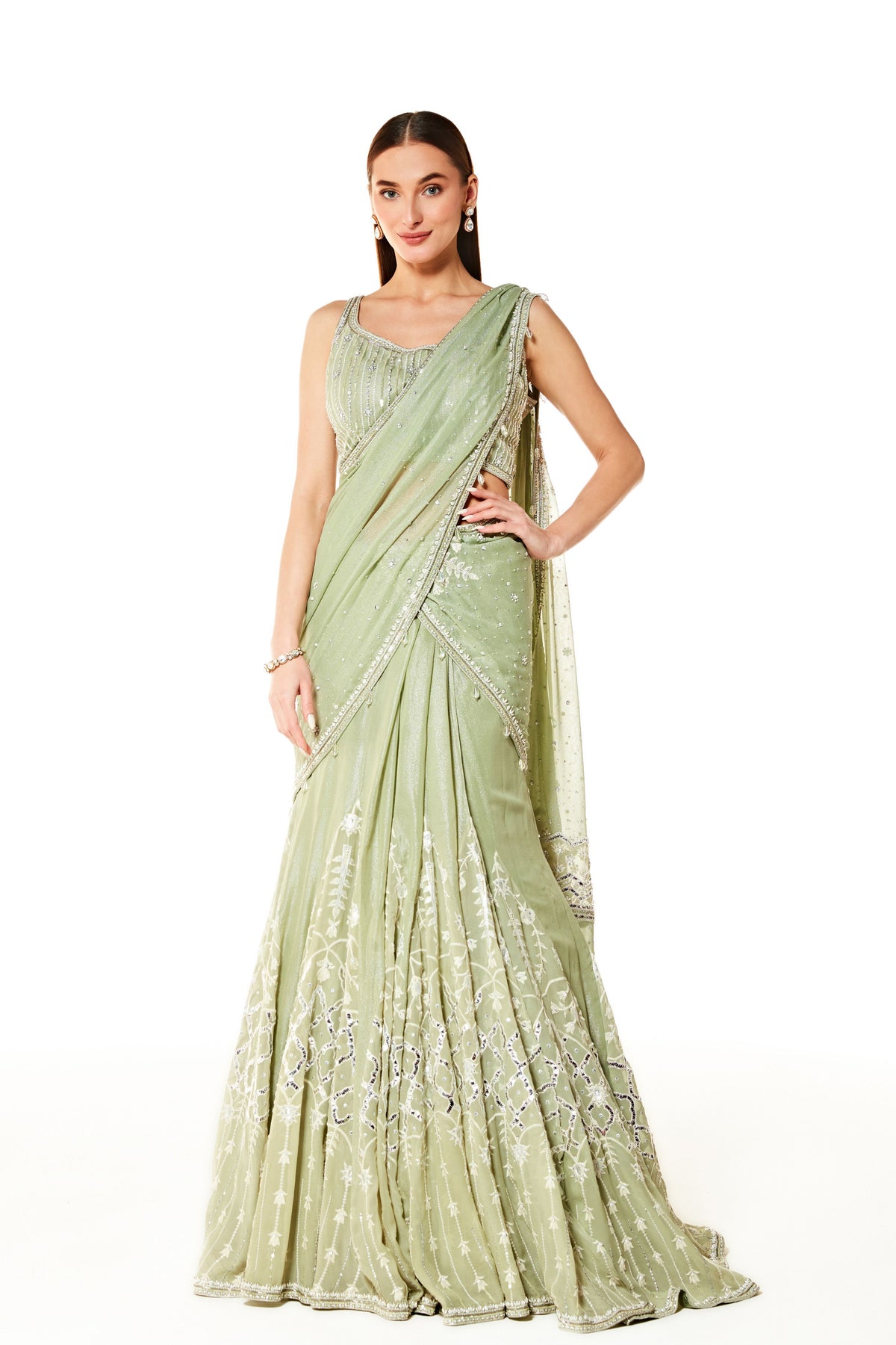 Sage Adha Embroidered Lehenga Saree Set