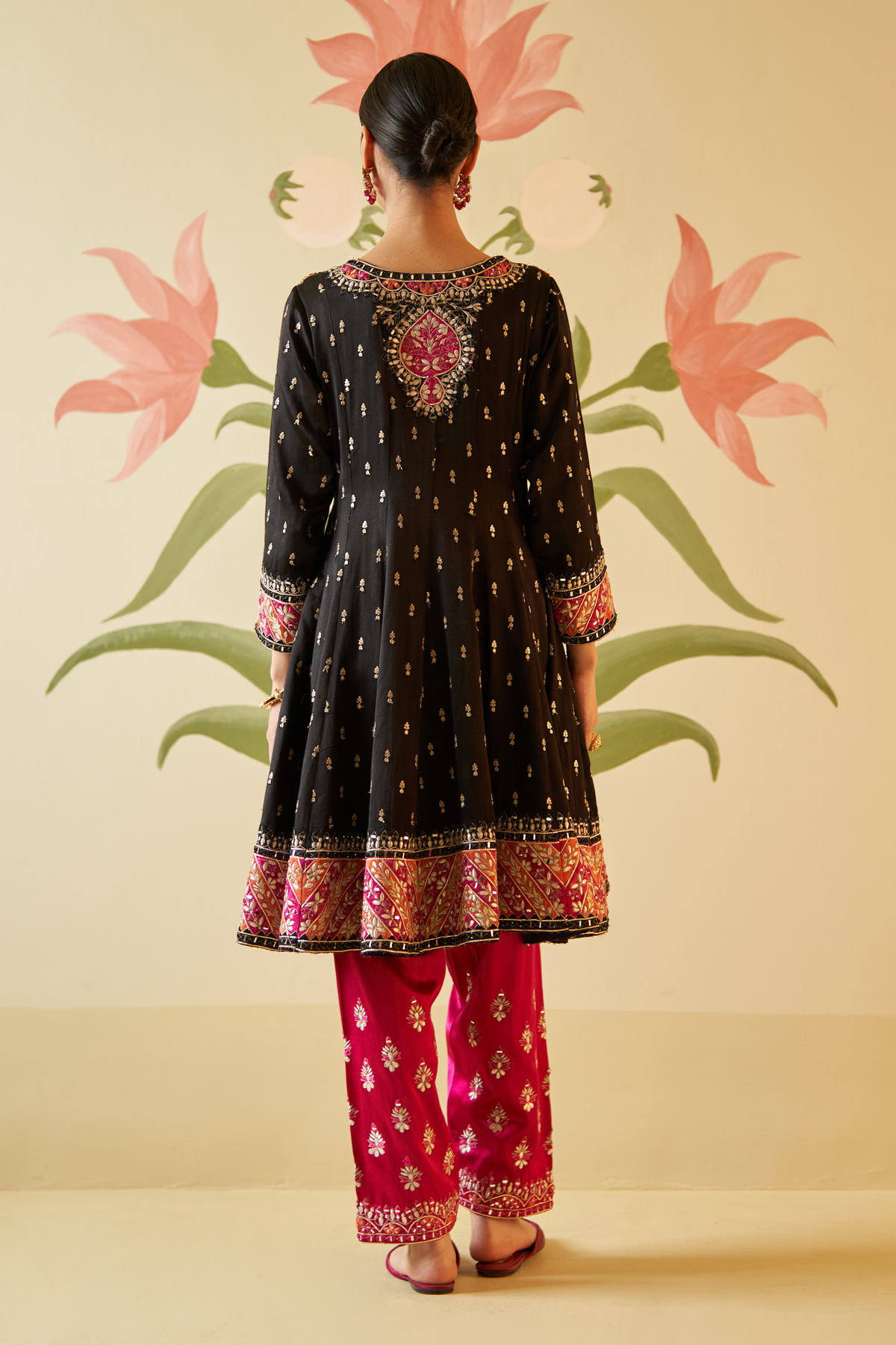 Black Satin Silk Anarkali Set