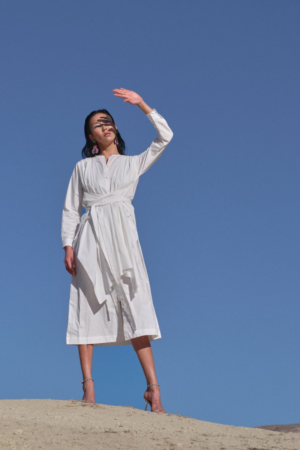 Draped Dress With Belt And Centre-slit