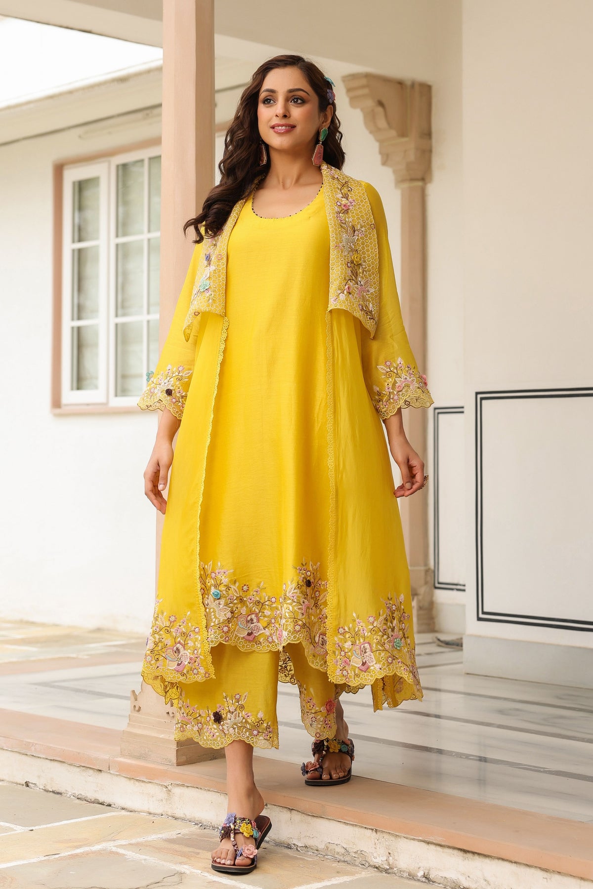 Gulzar Yellow Embroidered Jacket  Set