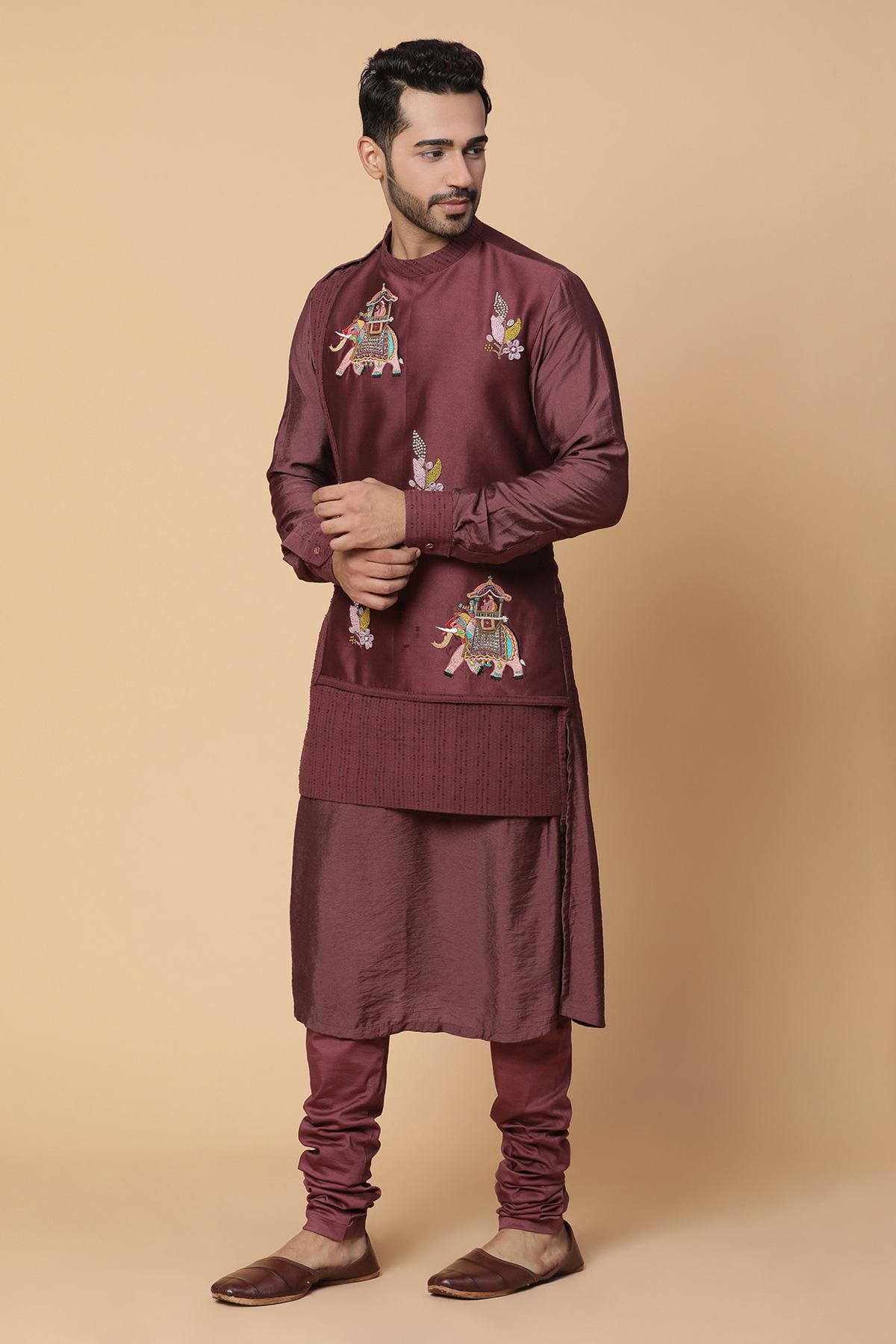 Maroon embroidered layered kurta set