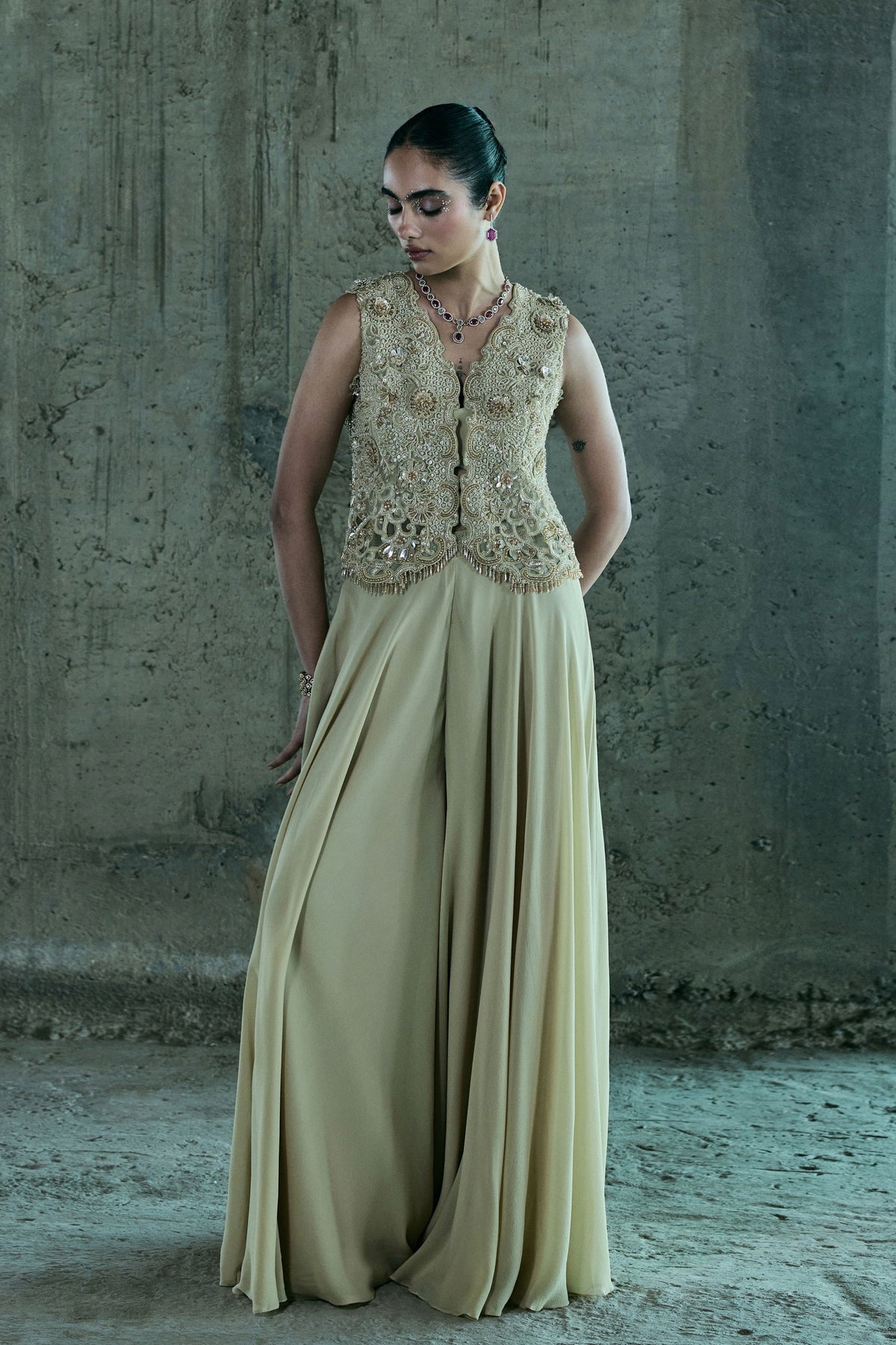 Beige Waistcoat Jacket With Pants