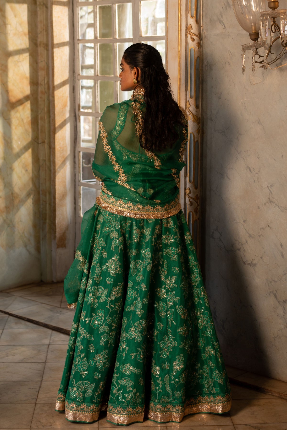 Green Self Woven Lehenga Set