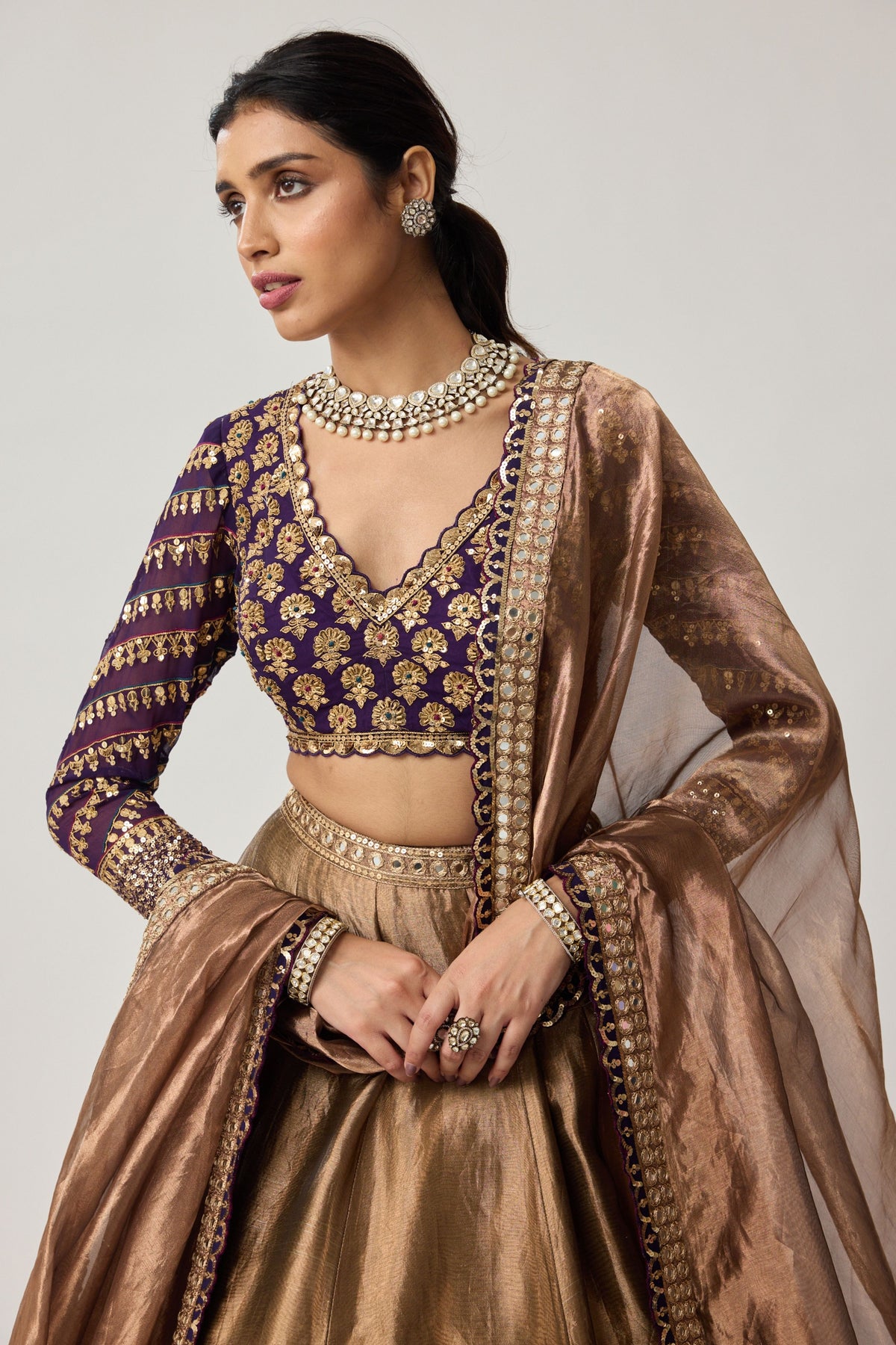 Copper Tissue Mughal Lehenga Set