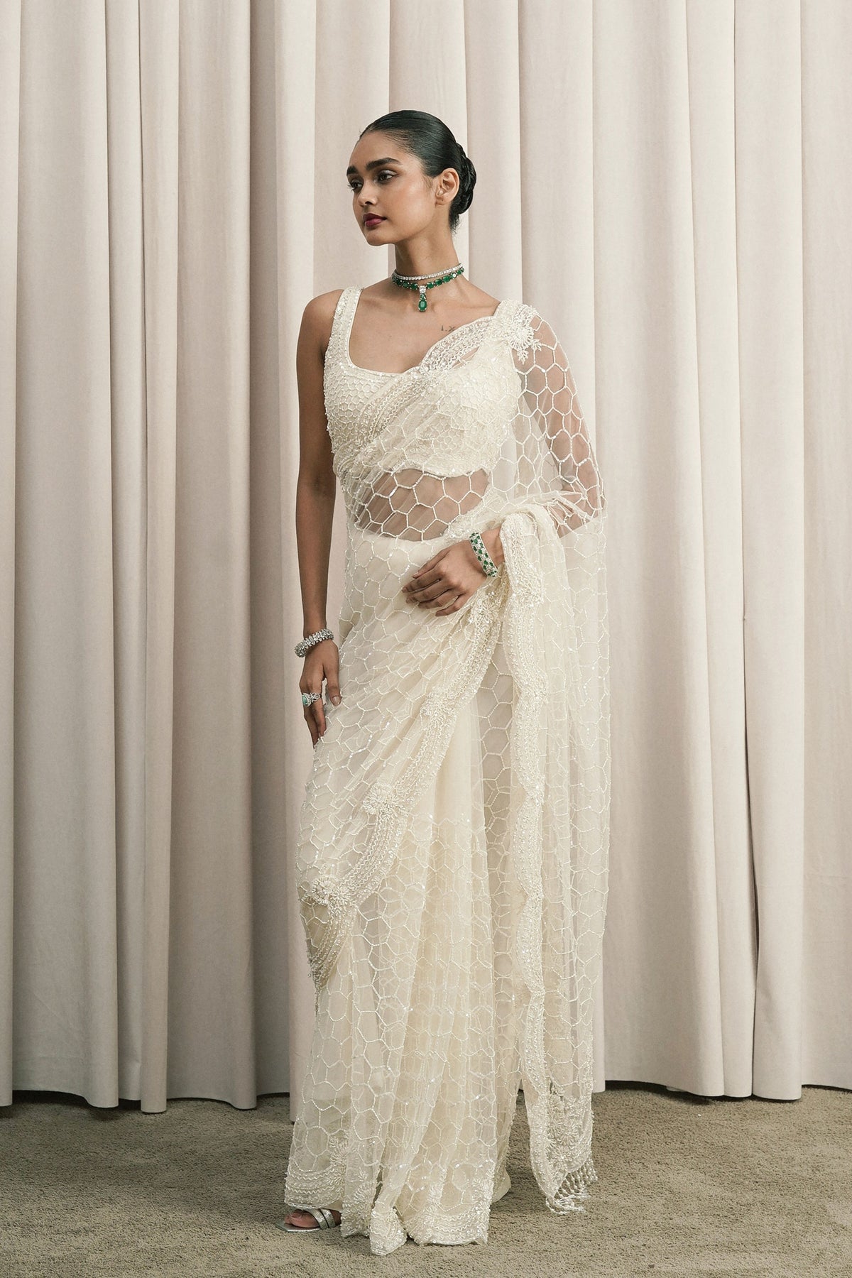 Ivory Scalloped Sequin Saree Set