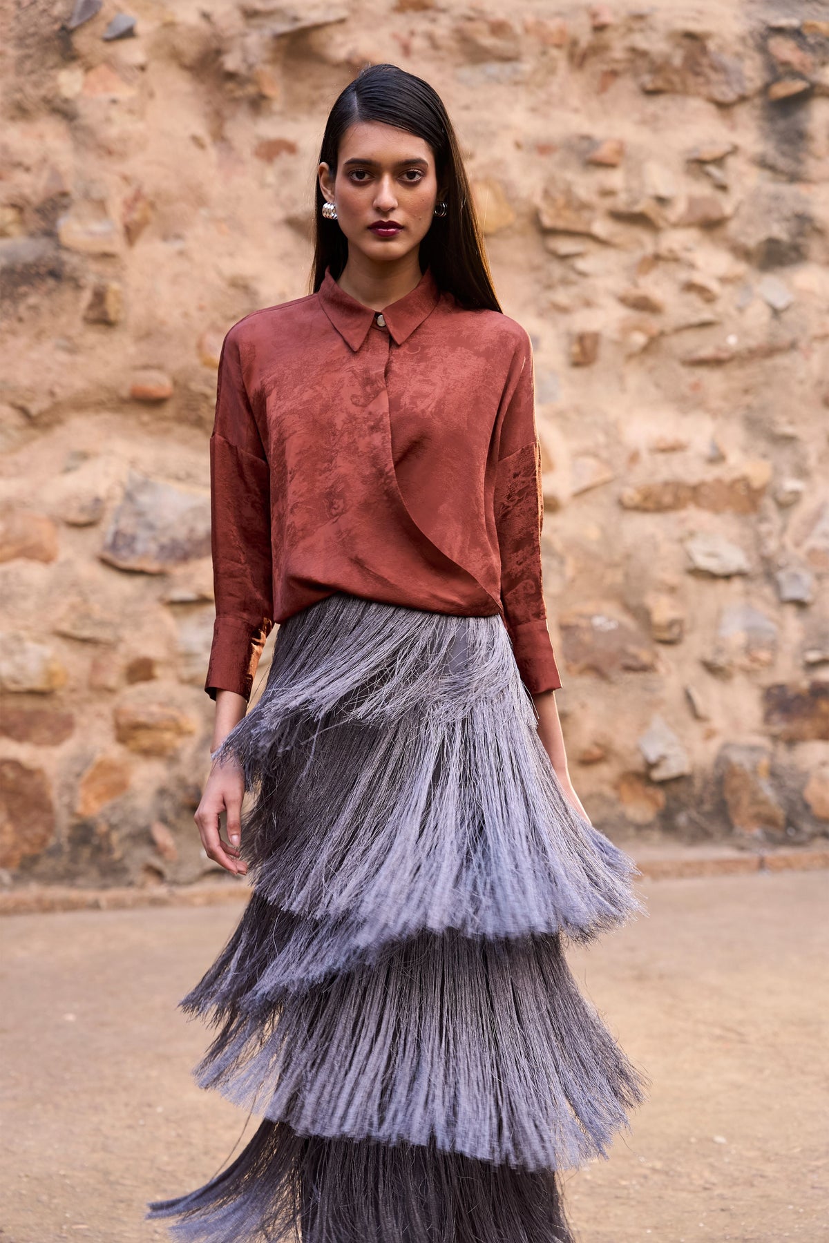 Grey Cascading Fringe Maxi Skirt