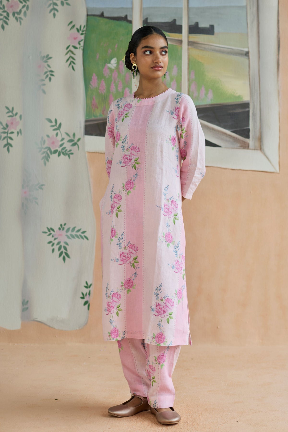 Rose Haze Long Kurta Set Linen