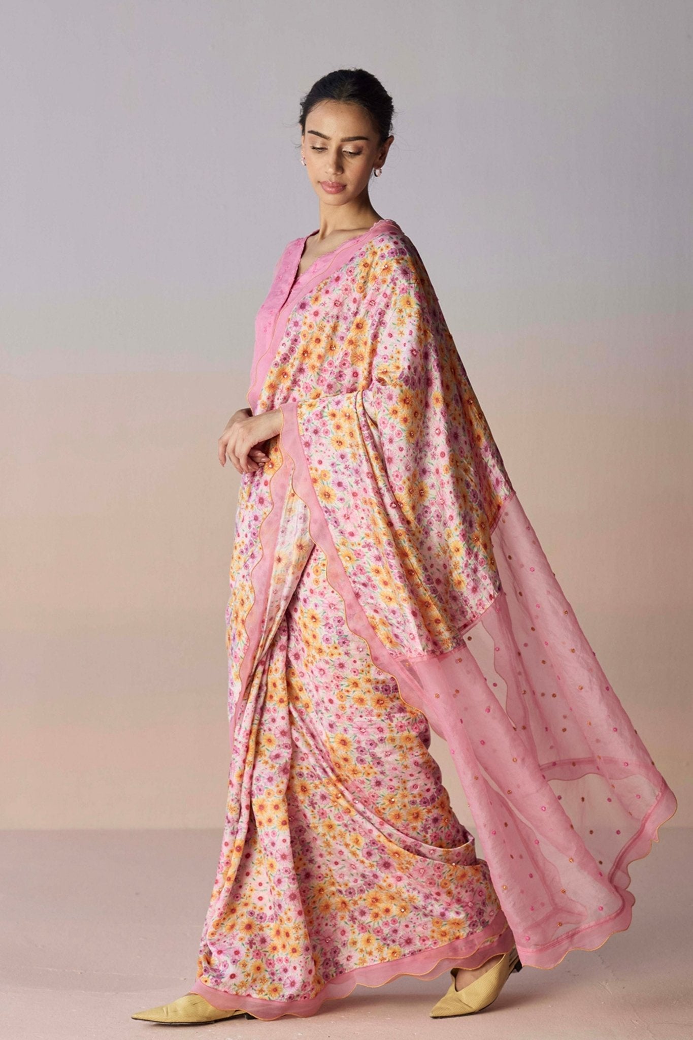 Wildflower Dawn Pink Saree - Surmaye - Elahe