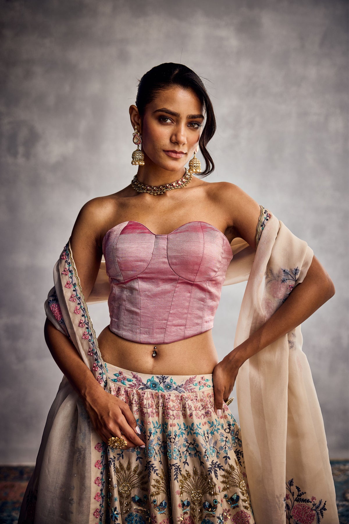 Ivory and Pink Lehenga Set