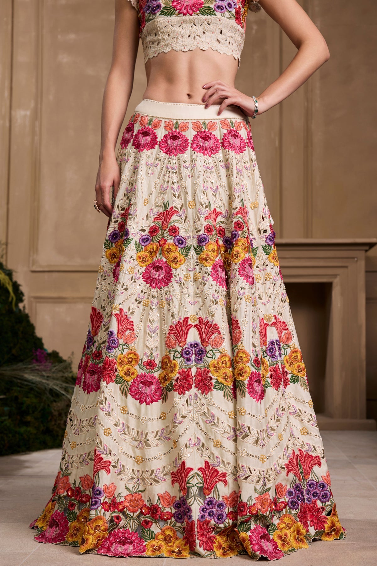 Ivory Multicoloured Floral Lehenga