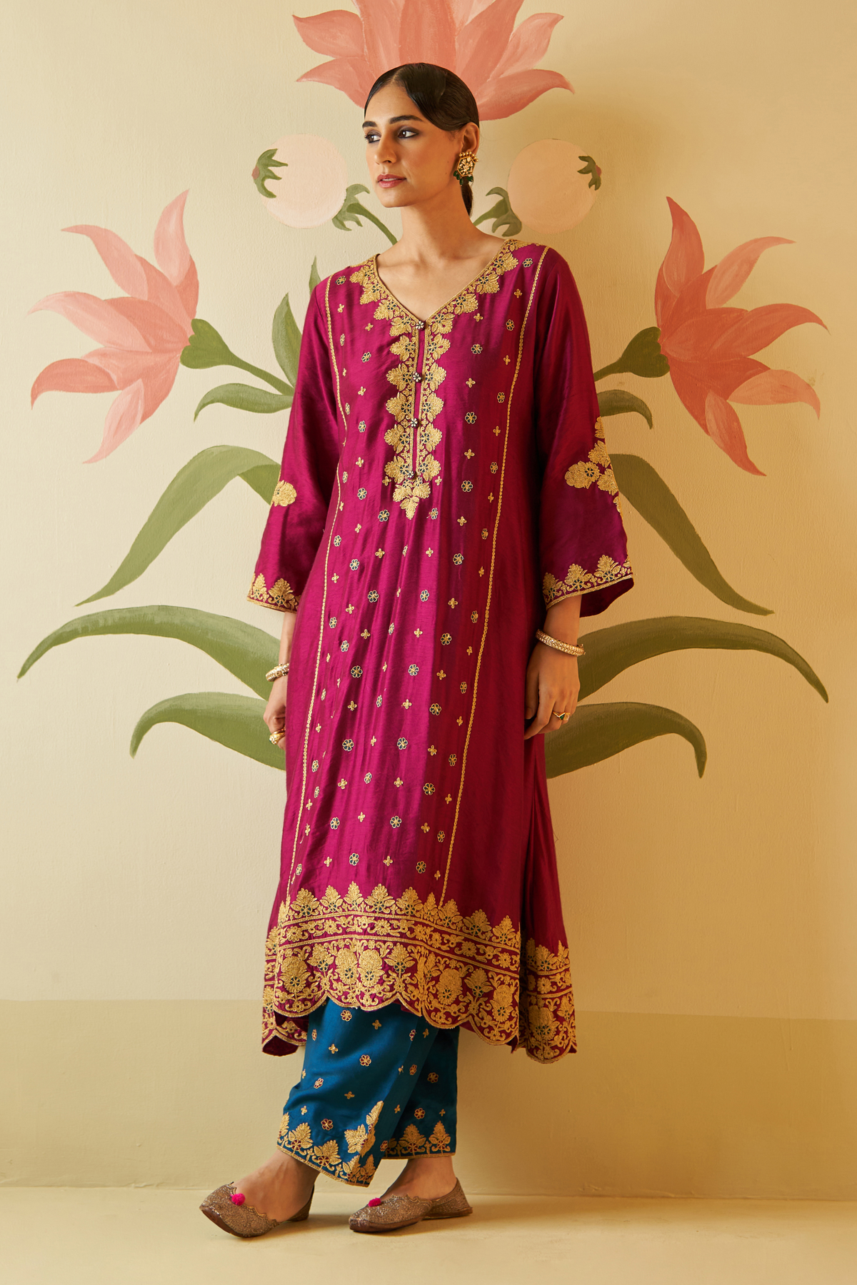 Wine Chanderi Silk Choga Set