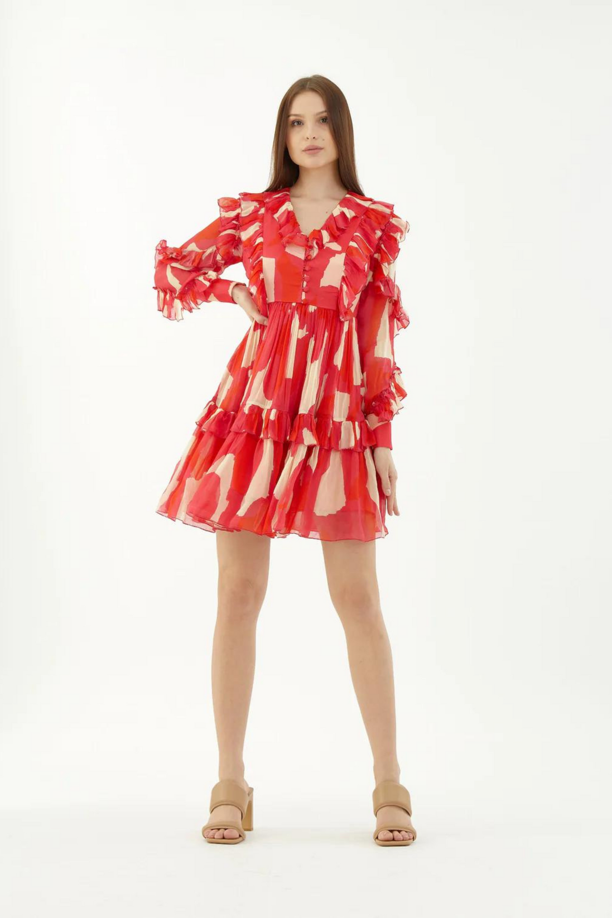 Hot Pink, Red And Beige Abstract Frill Short Dress