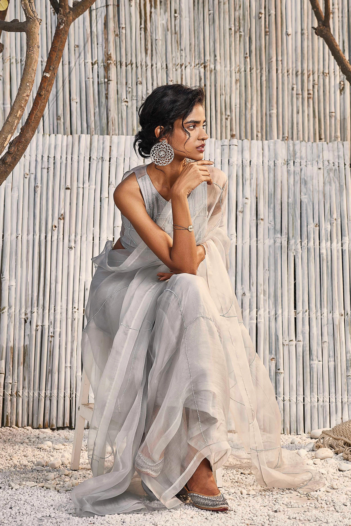 Steel Grey Organza Saree Set