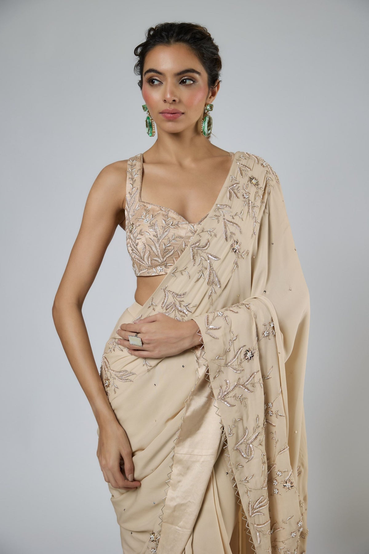 Beige Floral Draped Saree Set