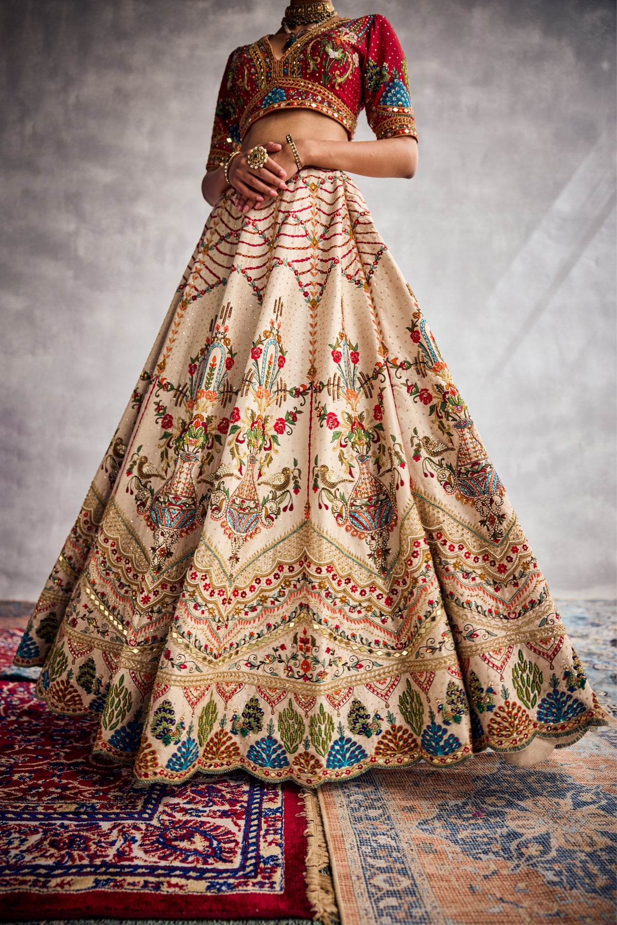 Ivory and Red Lehenga Set