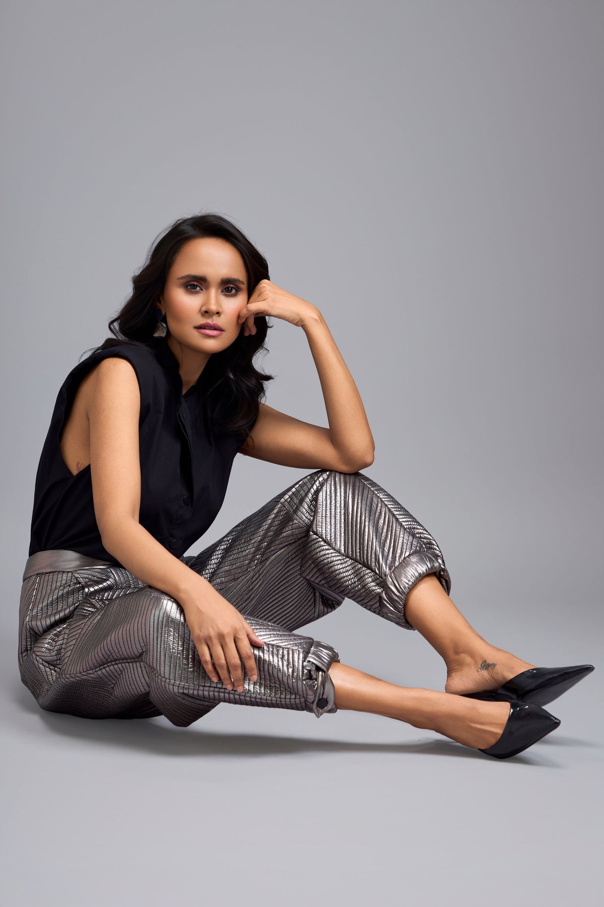 Metallic Gunmetal Quilted Pants