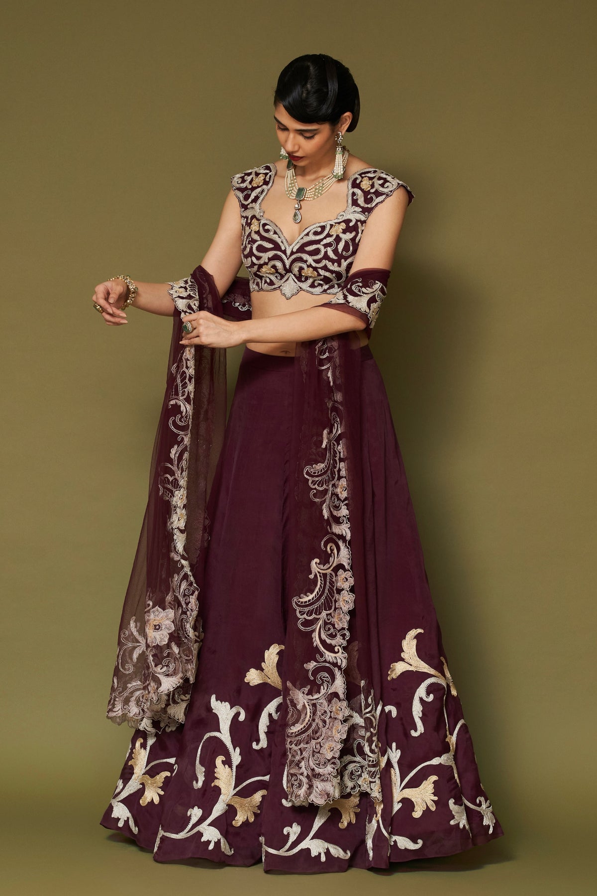 Wine Silk Organza Lehenga Set