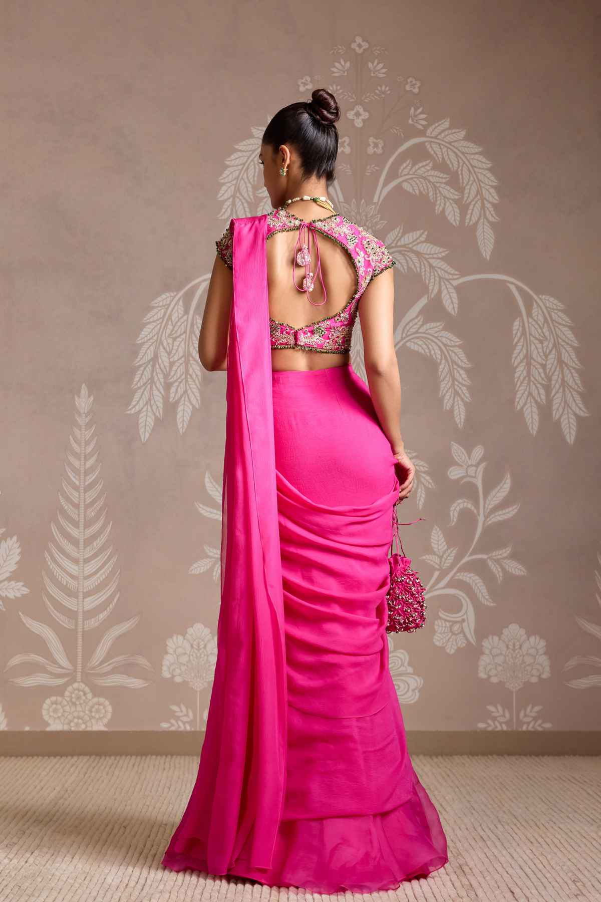 Bright Fucshia Drape Saree Set