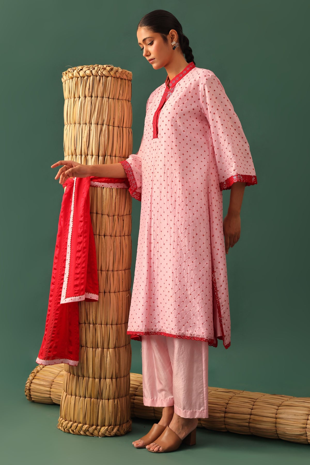 Pink Bandhani Mirror Work Kurta Set