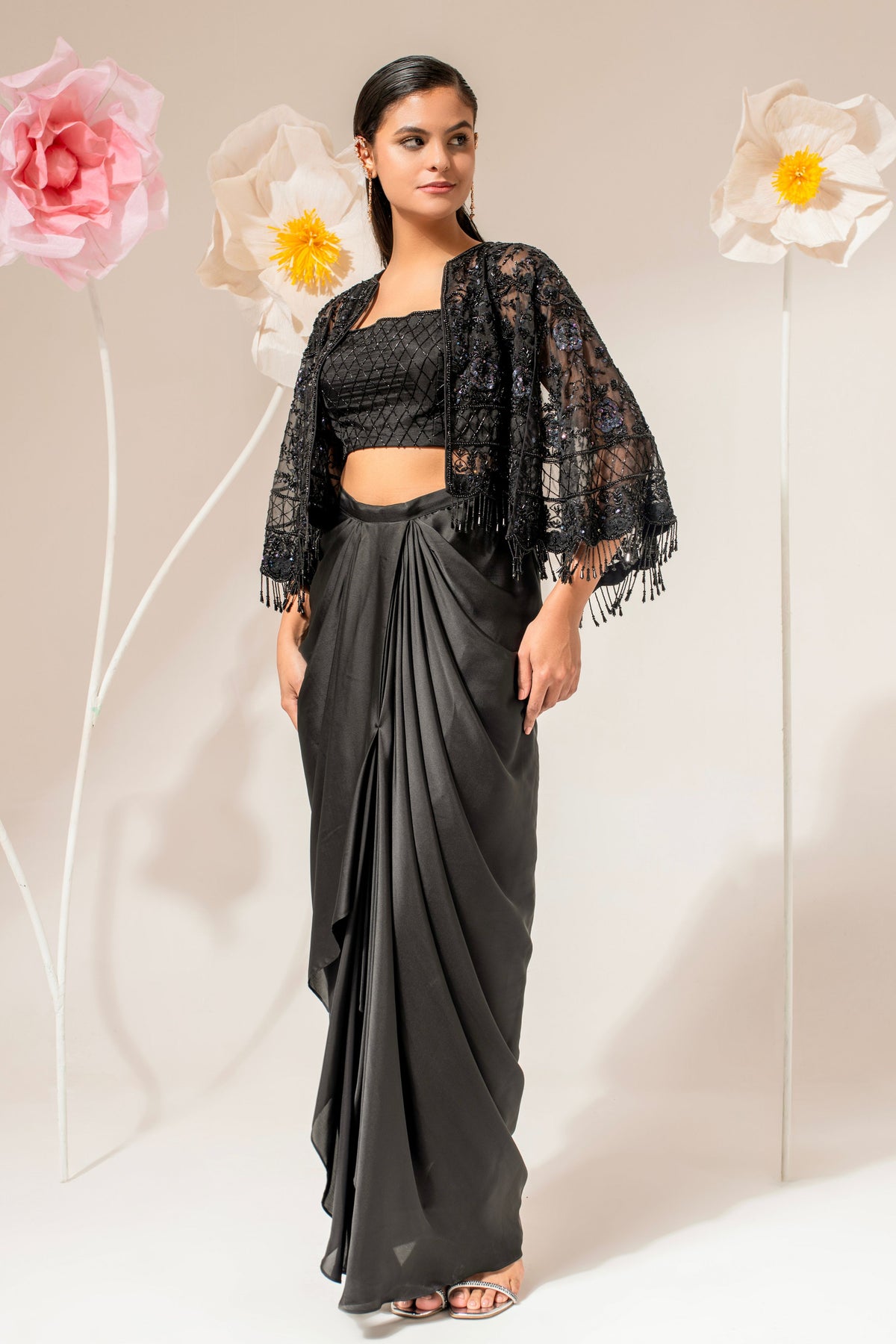 Black Satin Embroidered Cape Set