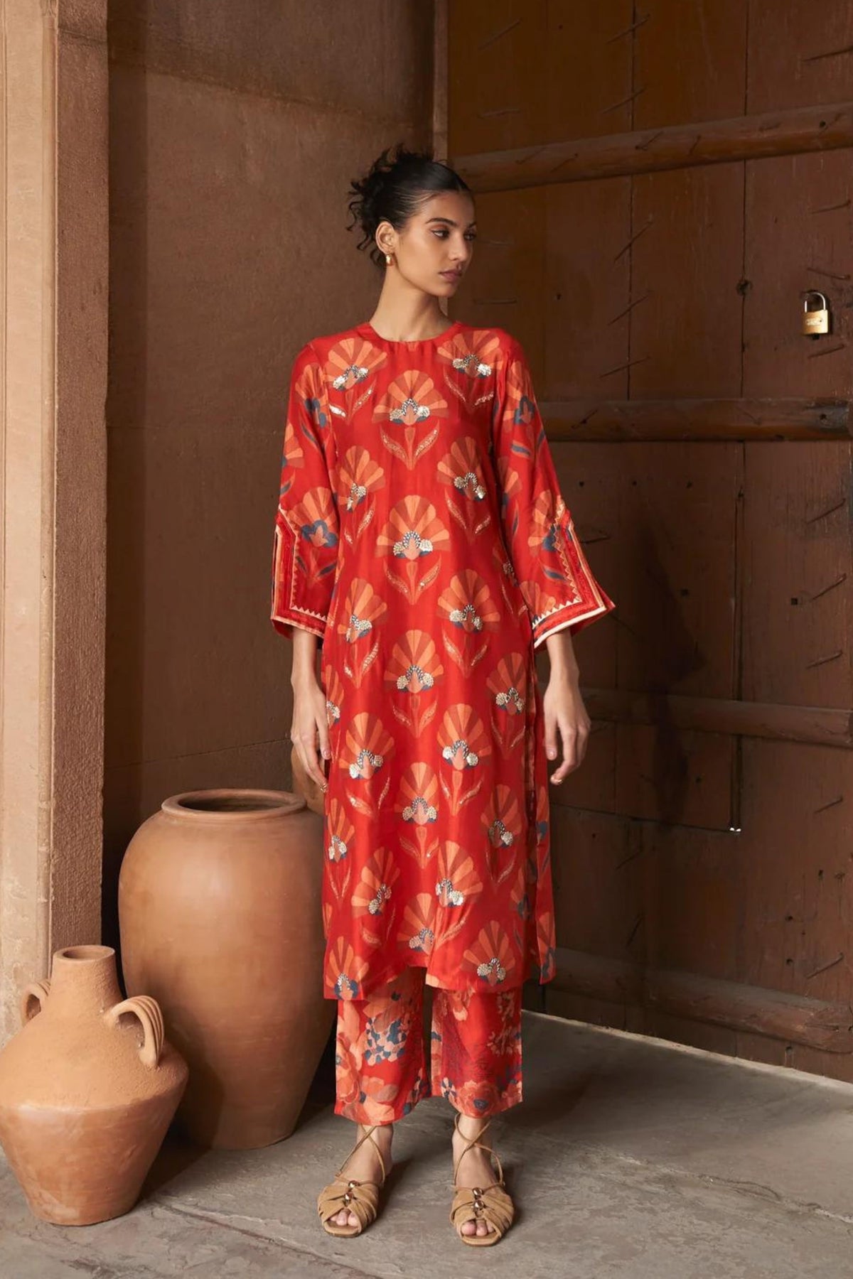 Red Moroccan Shell Print Kurta Set