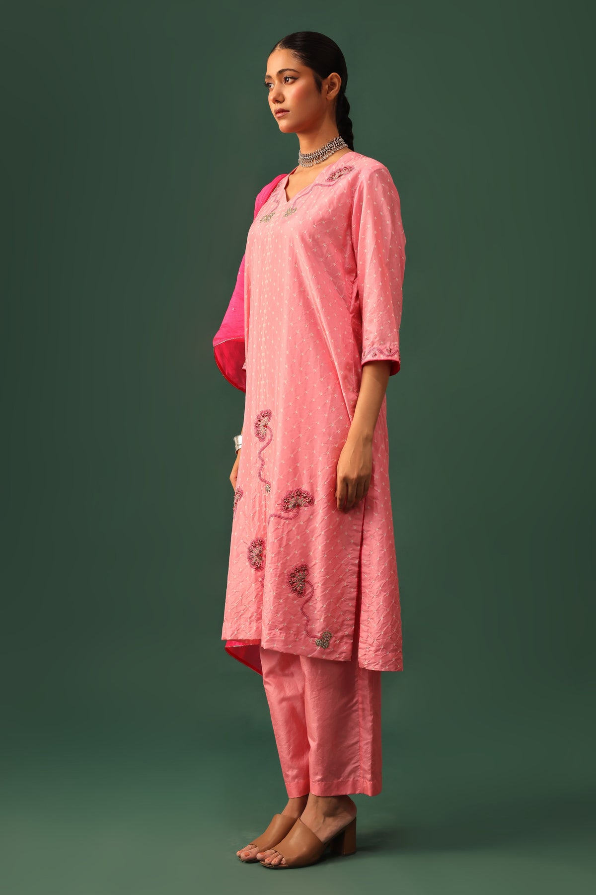 Pink Bandhani Aari Kurta Set