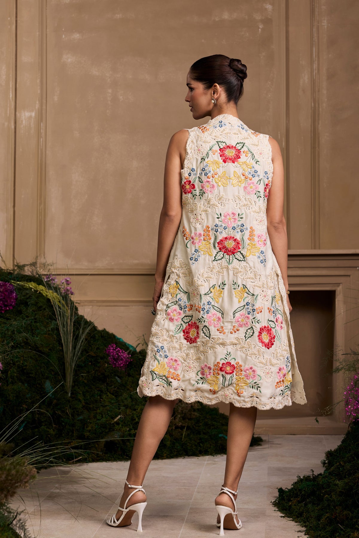 Ivory Floral Embroidered Long Jacket