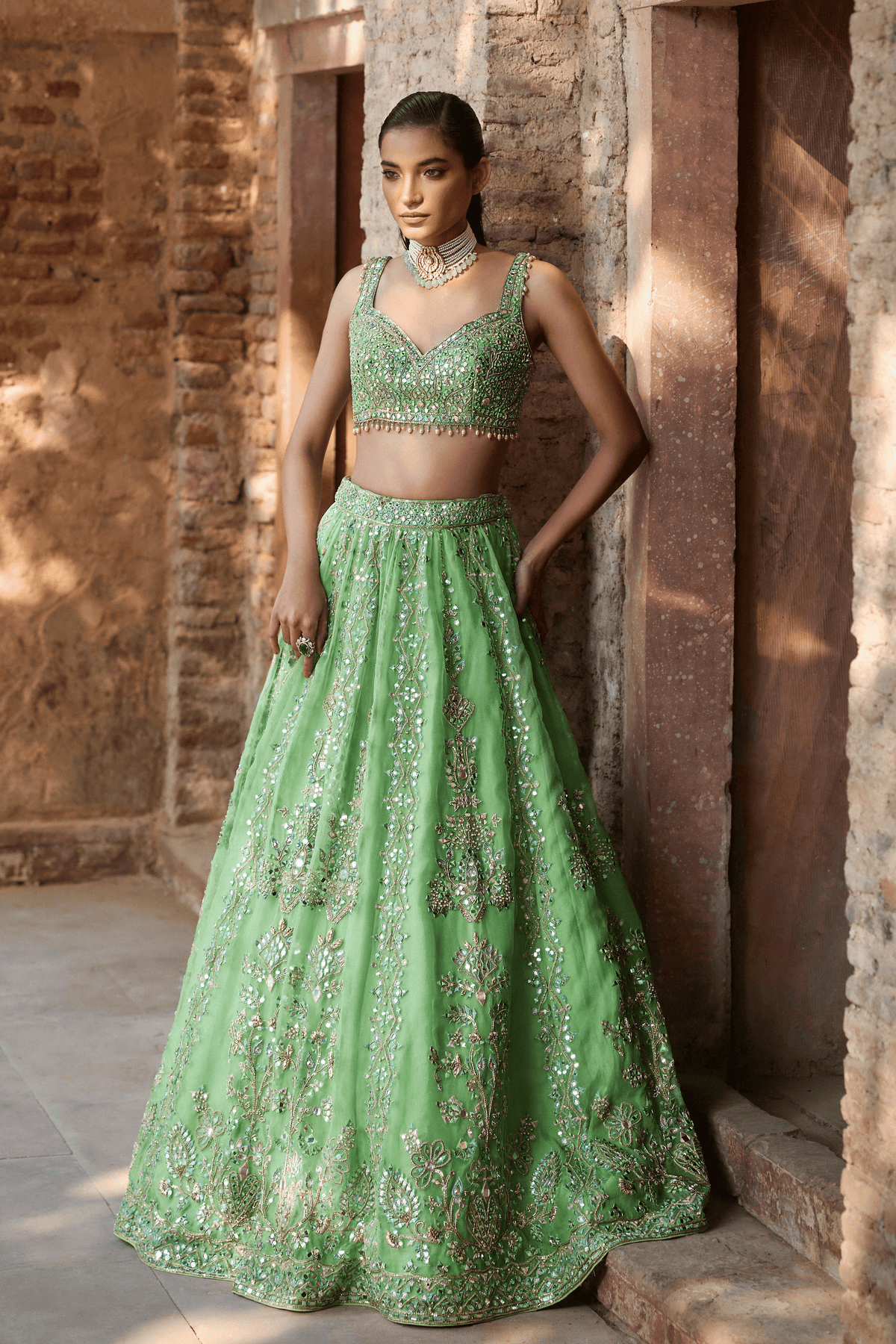 Lime Green Organza Lehenga Set