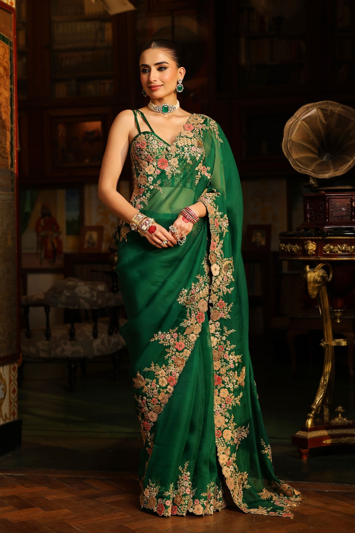 Ahista Green Cutwork Saree Set