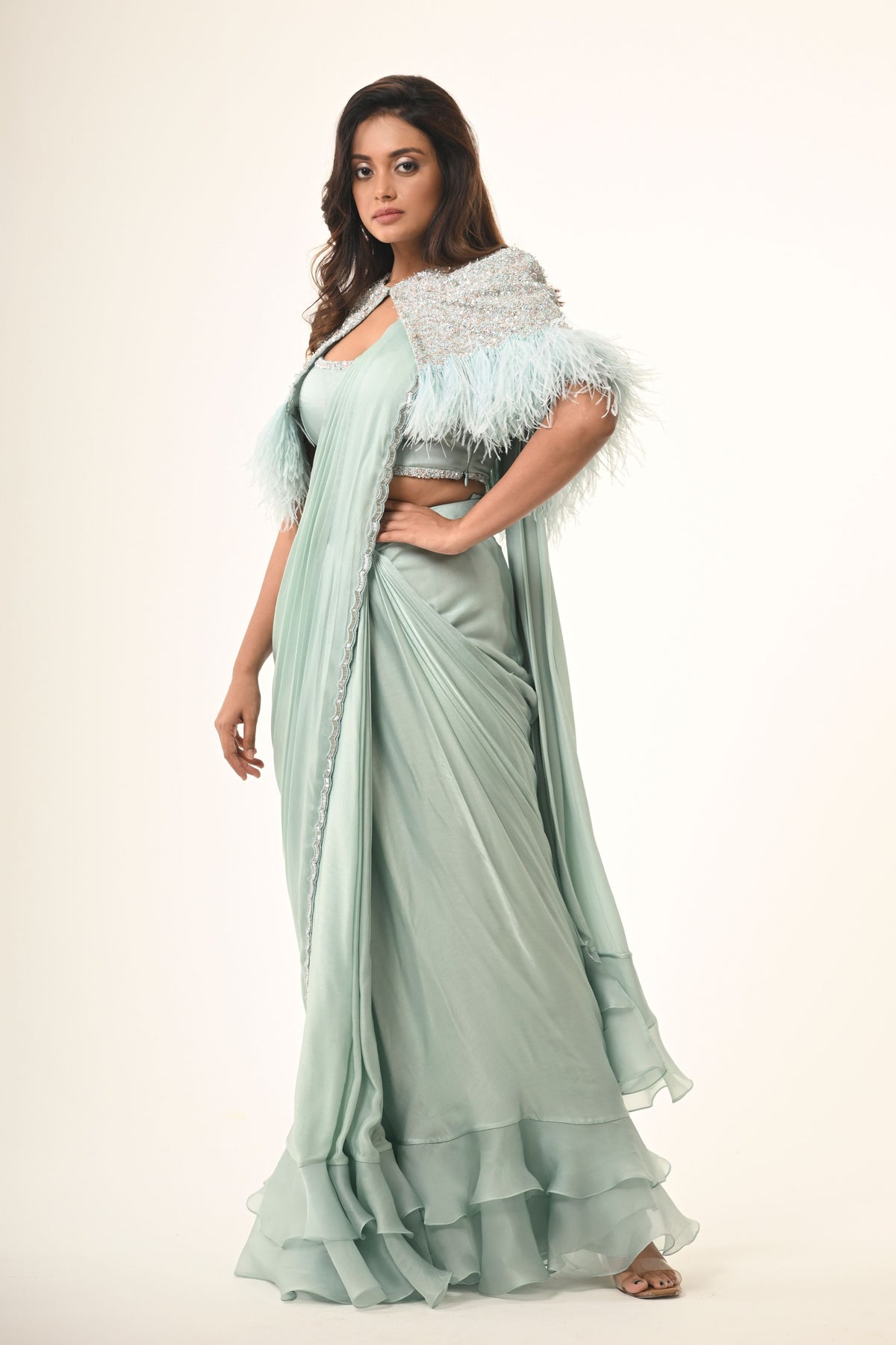 Ethereal Feather Cape Saree Set