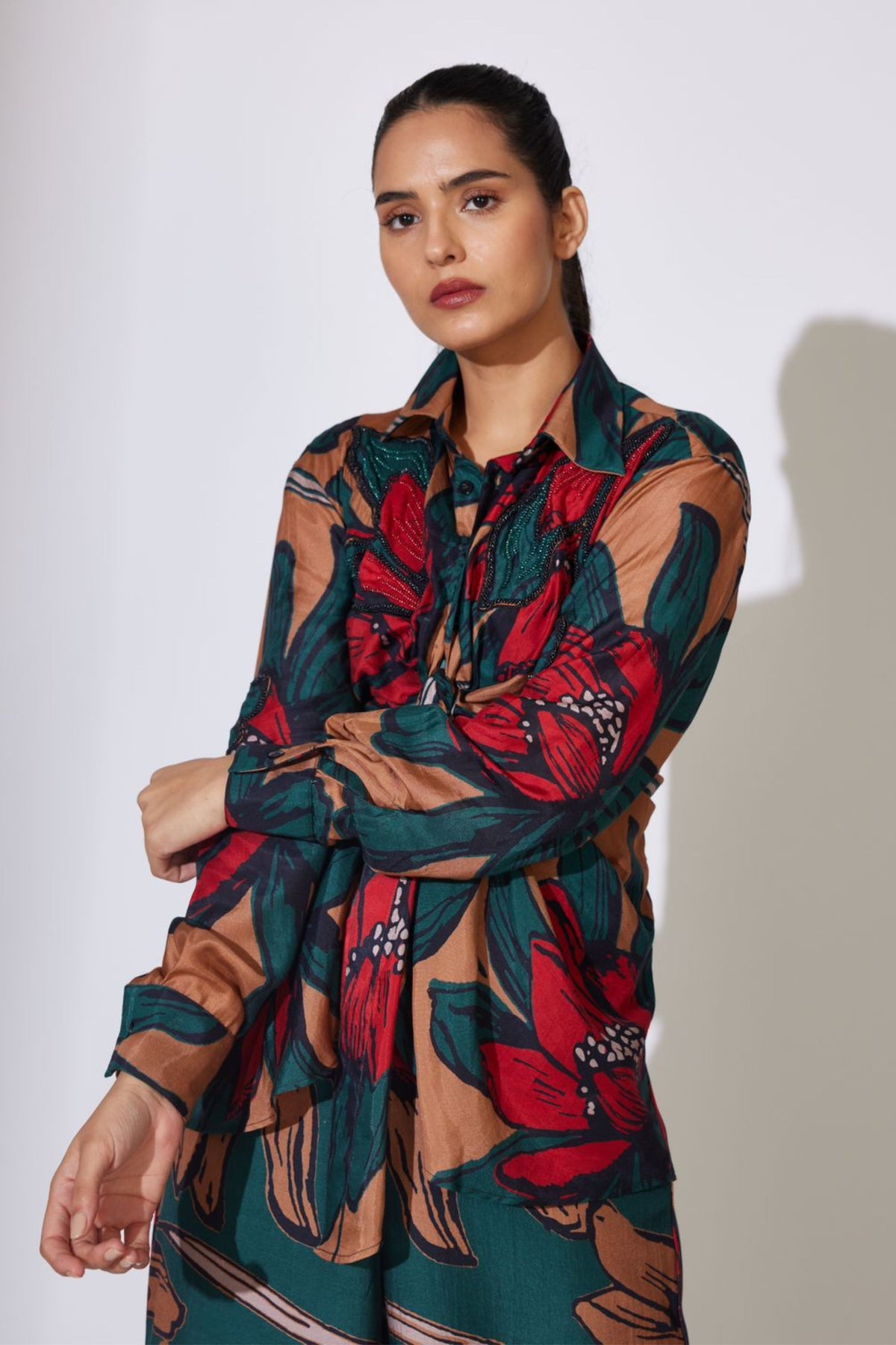 Green and Red Embroidered Shirt