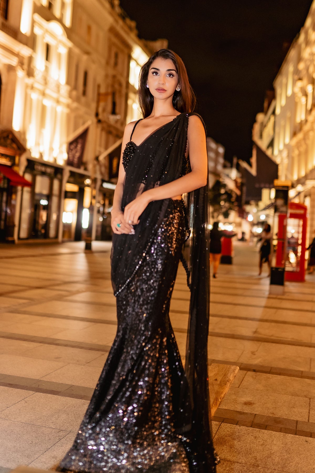 Black Drape Sequins Saree