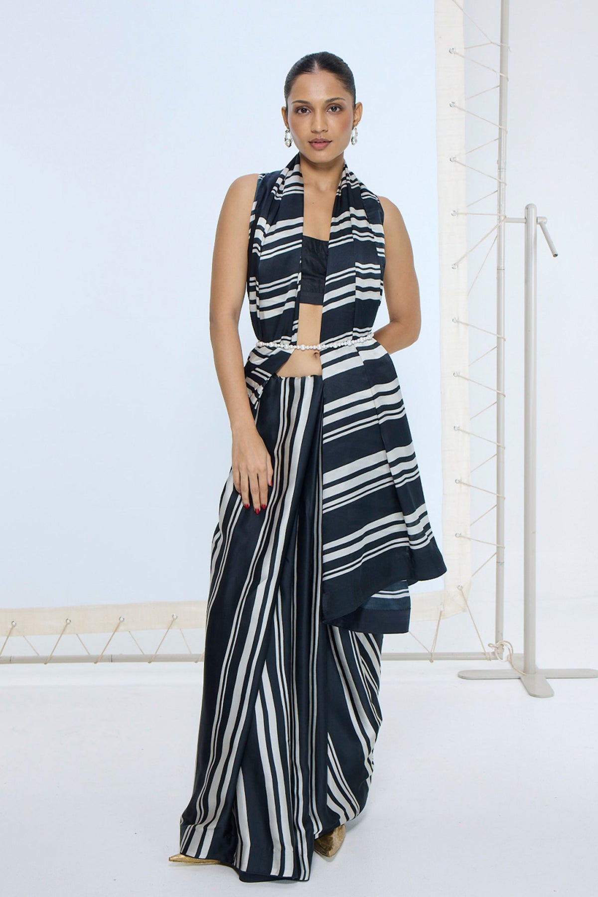 Black and White Striped Saree
