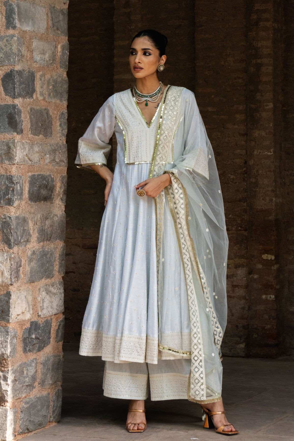 Big Border Ice Blue Anarkali Set