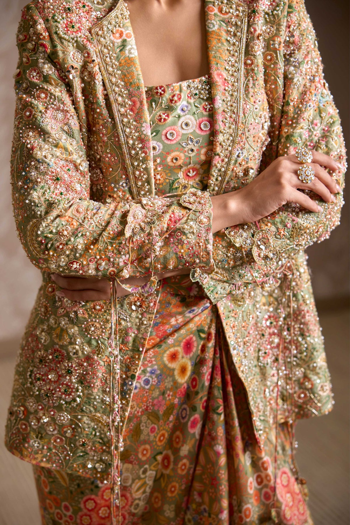 Olive Green Print Jacket Set