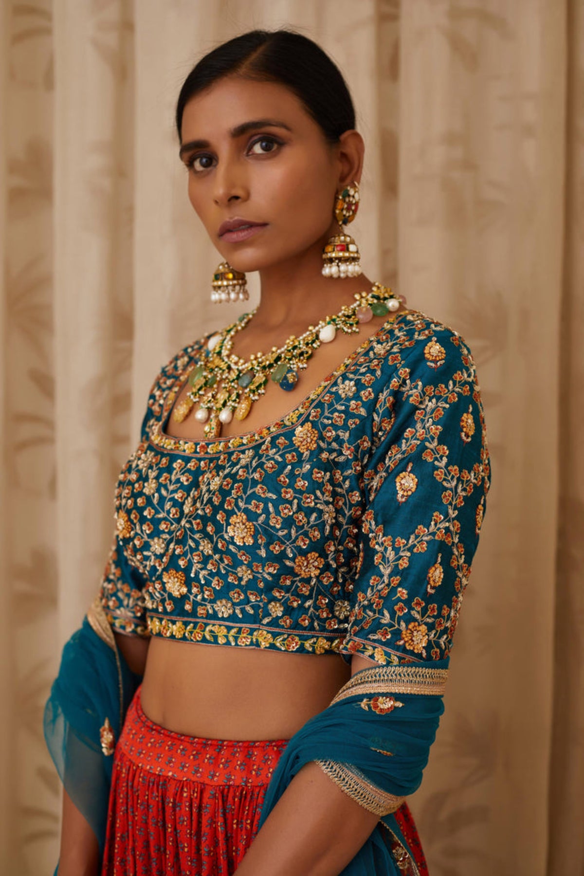 Teal Blue &amp; Burnt Orange Lehenga Set