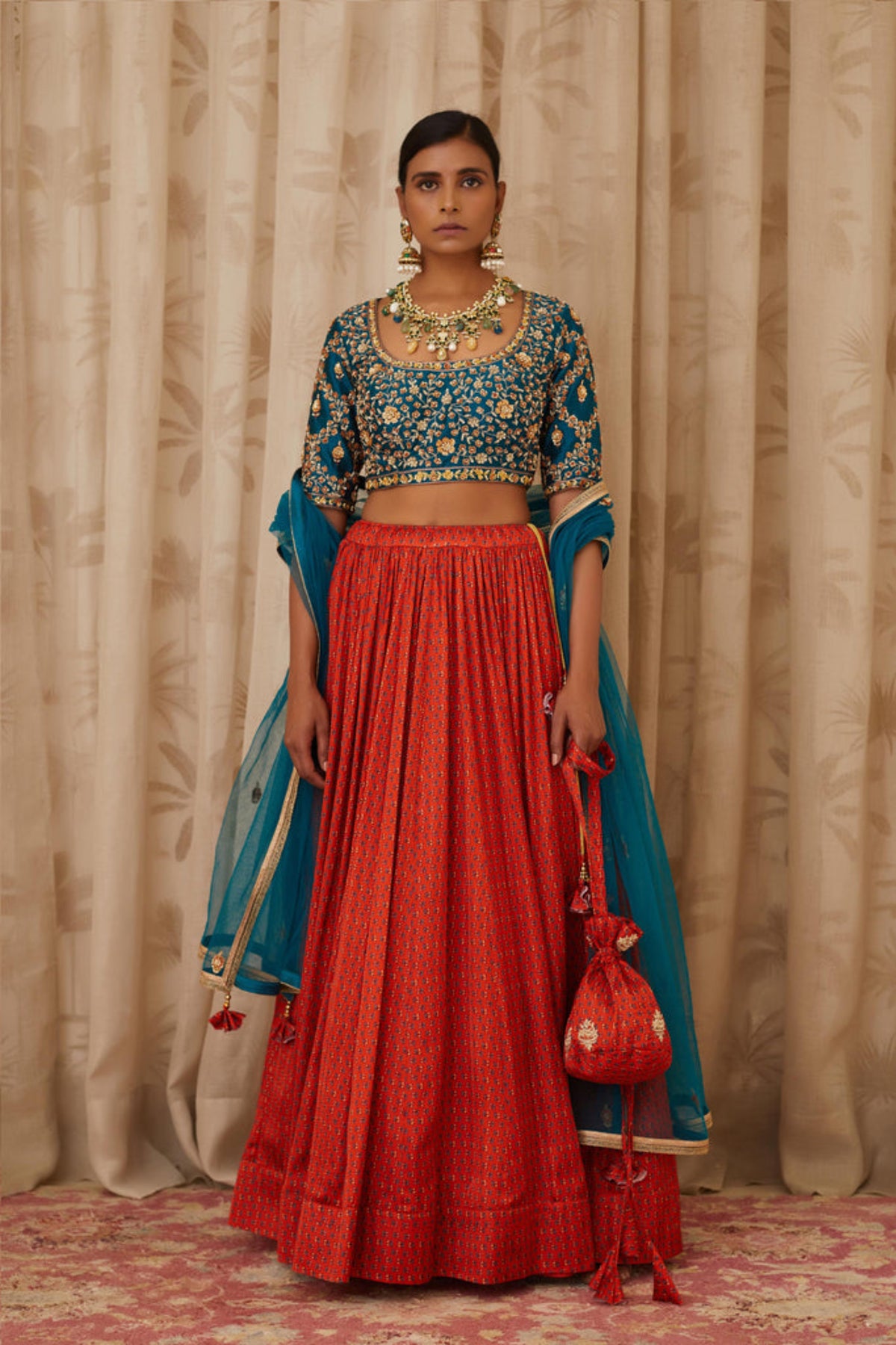 Teal Blue &amp; Burnt Orange Lehenga Set