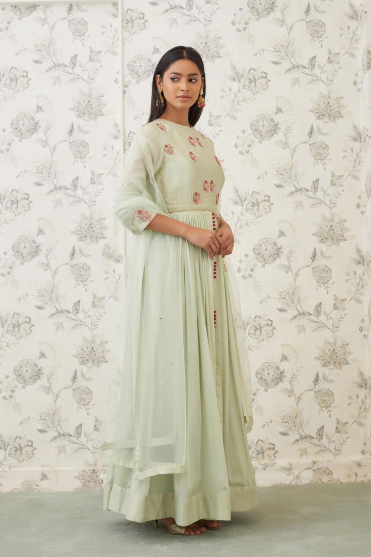 Sea green zardozi anarkali set