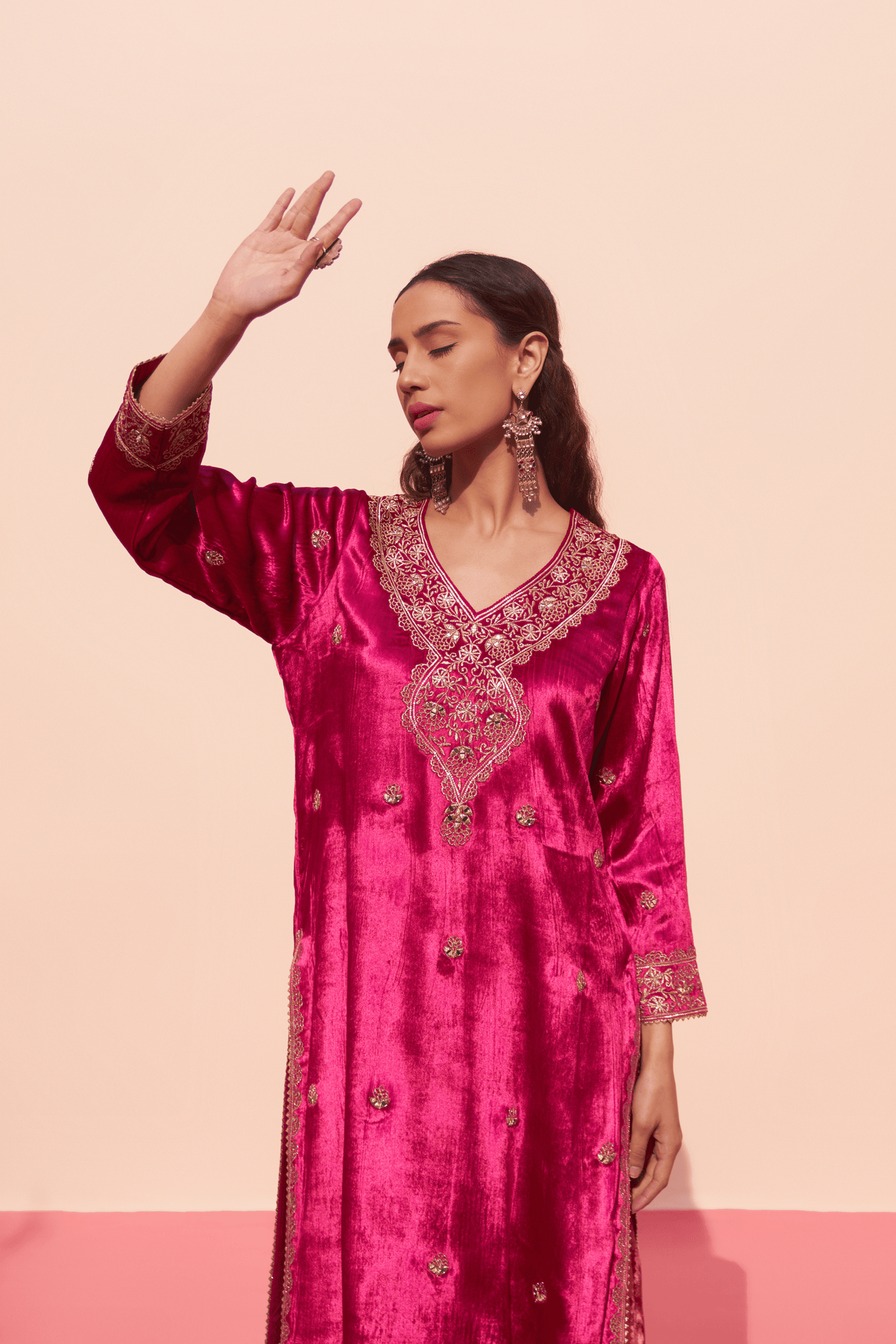 Rani Pink Velvet Kurta Set