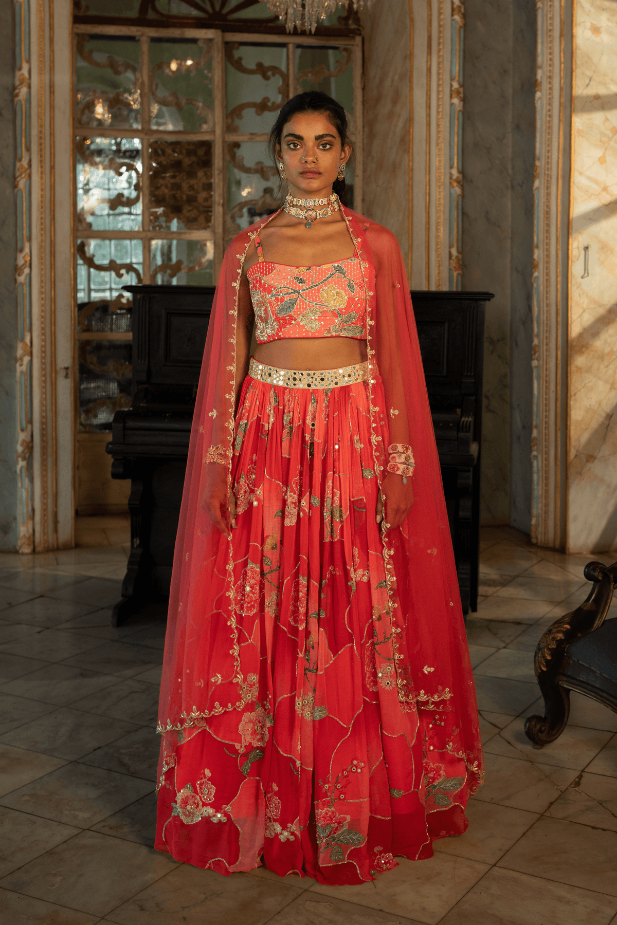 Red Nakhsa Printed Lehenga Set
