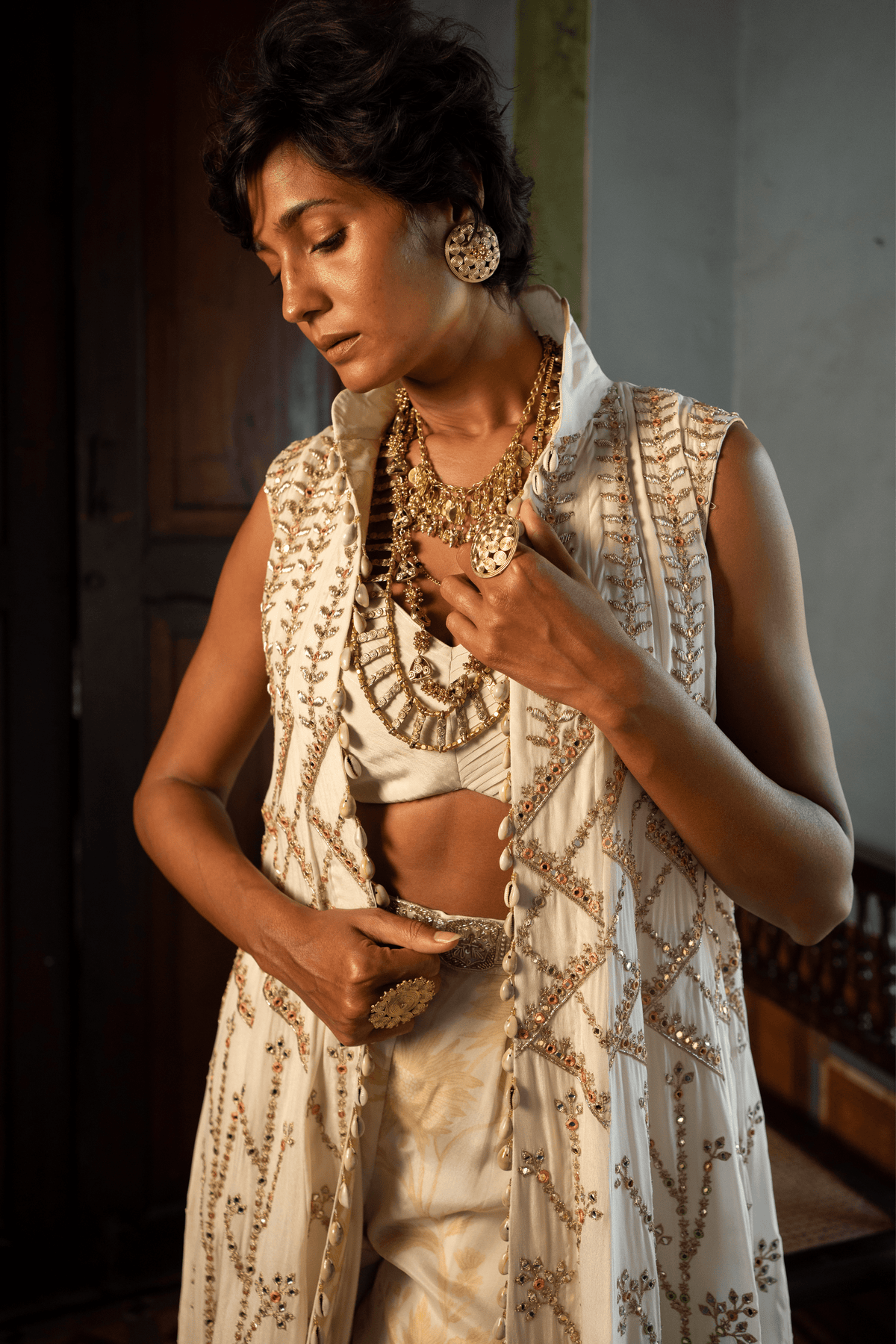 Ivory Floral Long Jacket Set